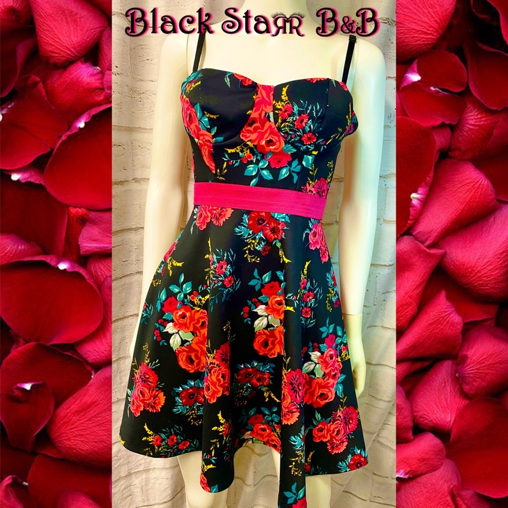 Black w/Dk Pink Blue Yellow vibrant floral print spaghetti strap mini dress. Sm